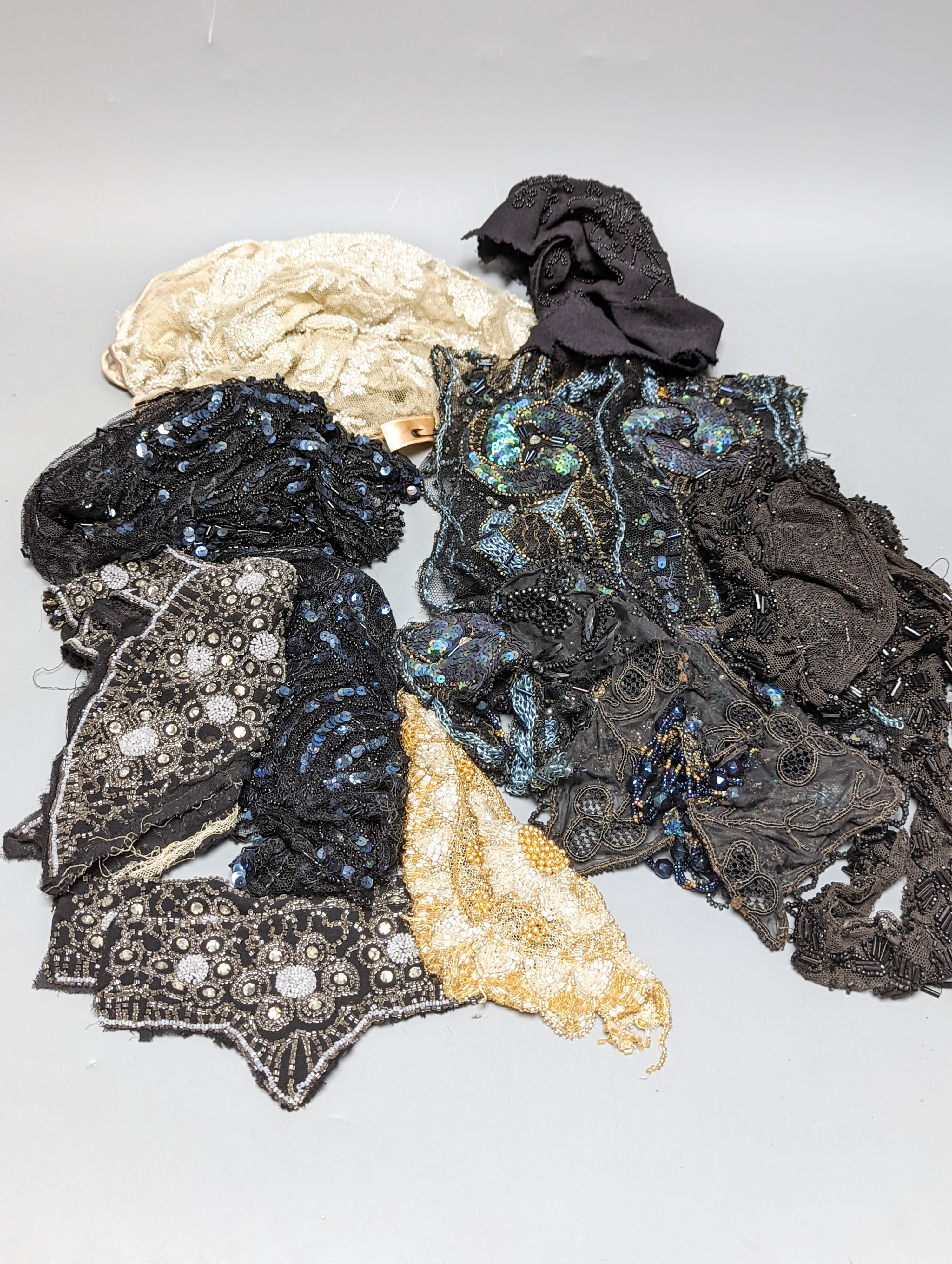 A collection of Edwardian and later sequin and beaded panels on net